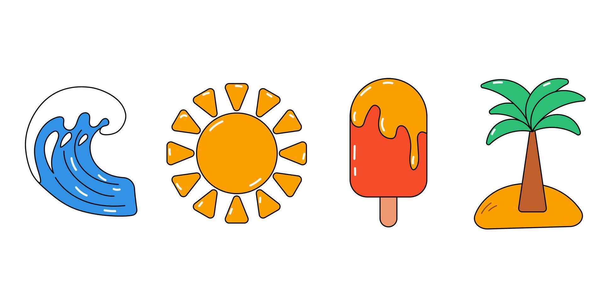 Summer cartoon elements in retro style. Palm, ice cream, wave and sun. vector