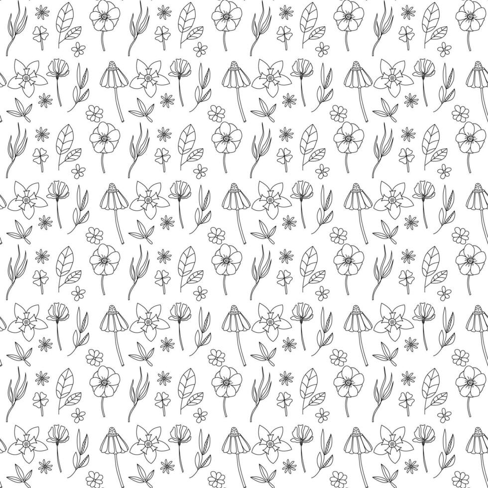 Doodle floral seamless pattern. Hand drawn flowers and leafs. vector