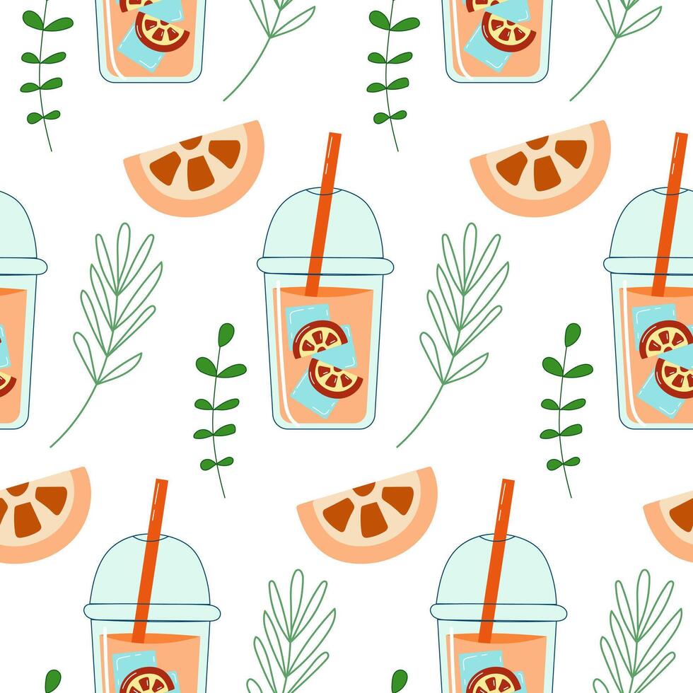 Seamless pattern with lemonade and green leafs. Drink with grapefruit. vector