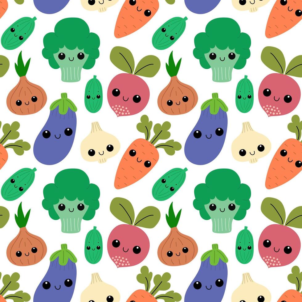 Seamless pattern with cute vegetables. Kawaii vegetables background vector