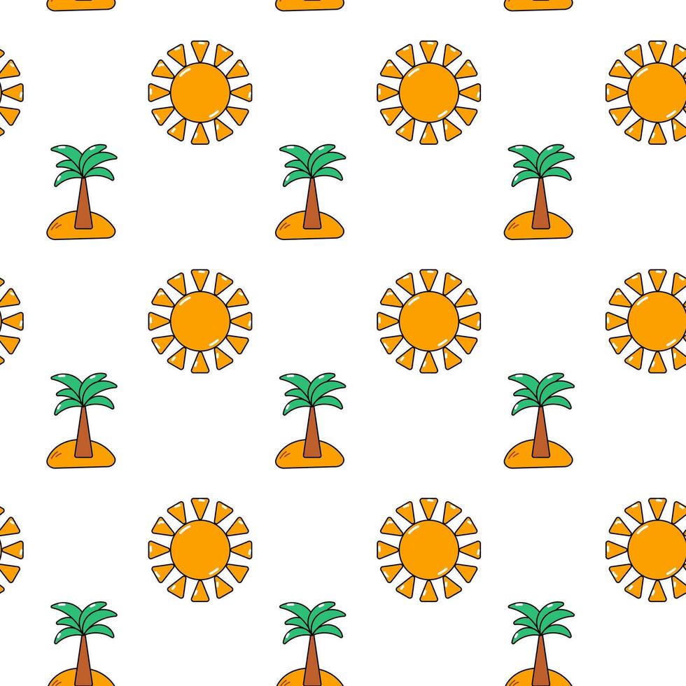 Seamless pattern with palm and sun on white background. vector