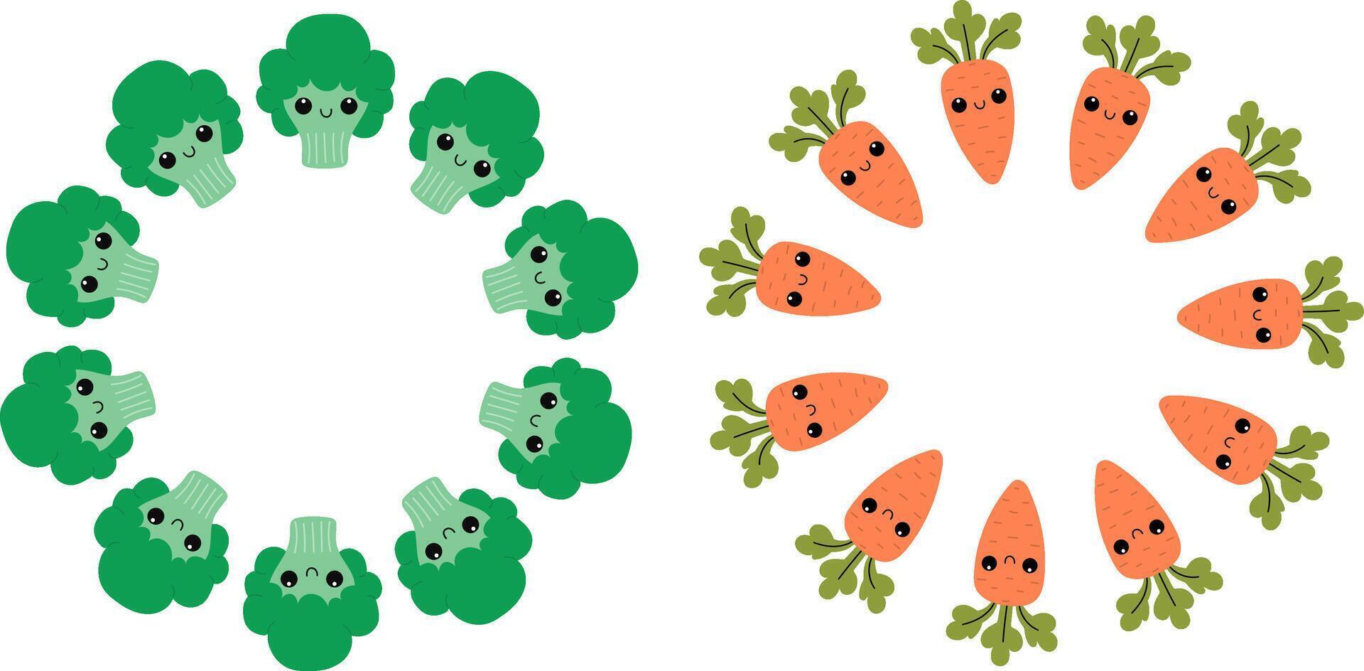 Set of round frame with broccoli and carrot. Vegetables with cute faces. vector