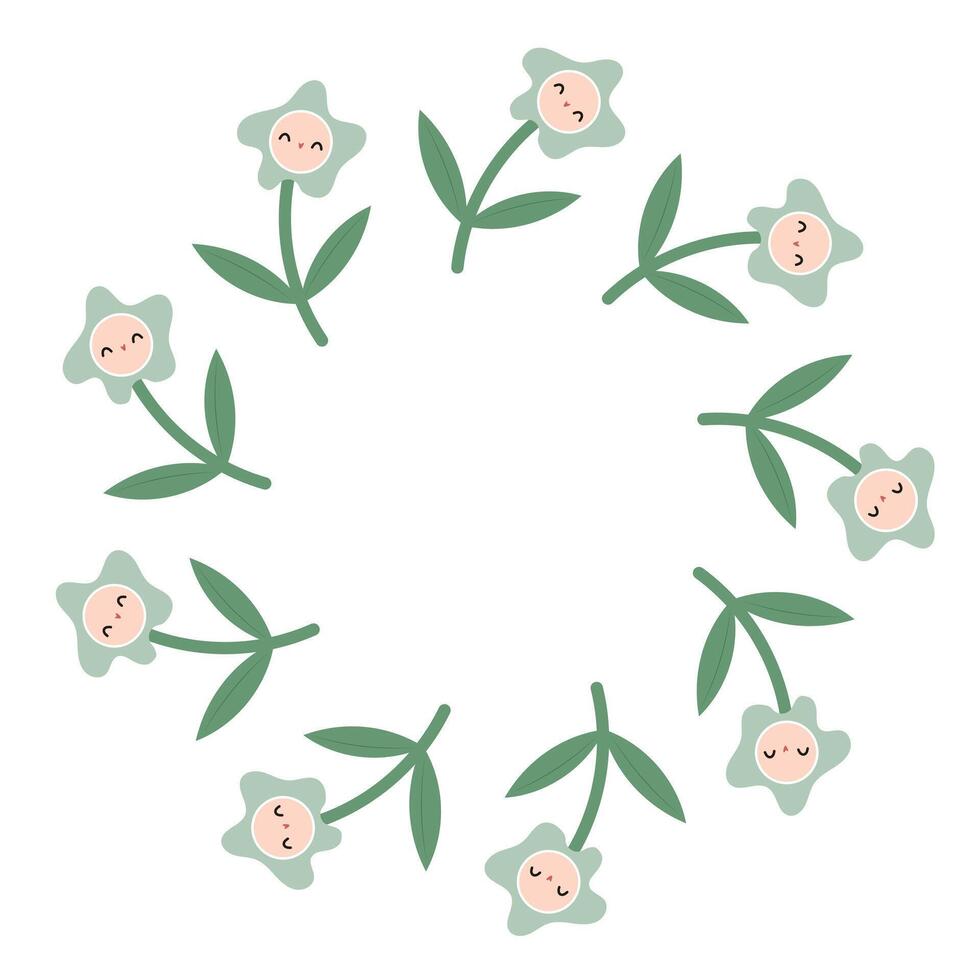Simple flower with cute face round frame. vector