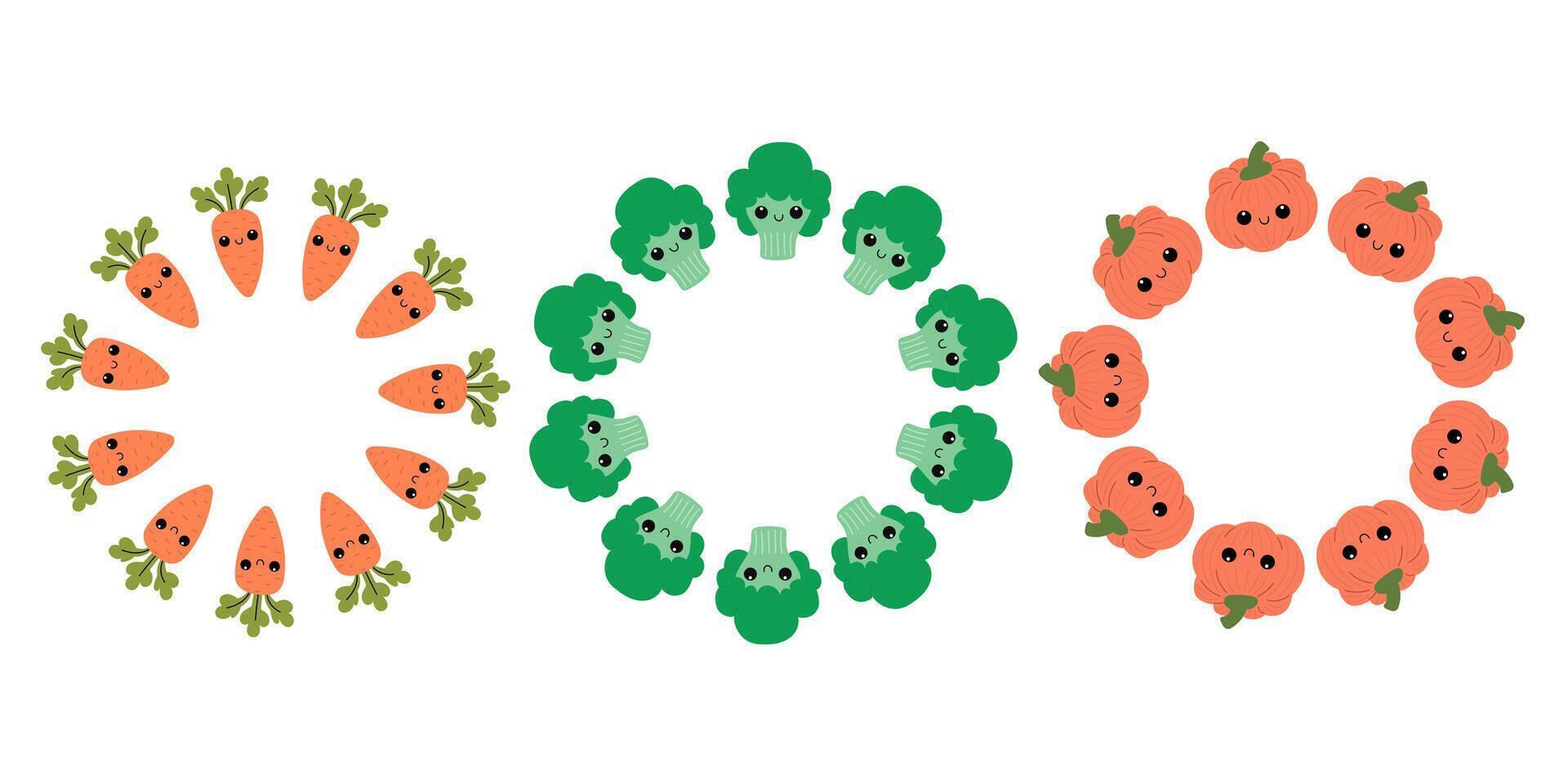 Set of round frames with vegetables. Cute vegetables wreaths. vector