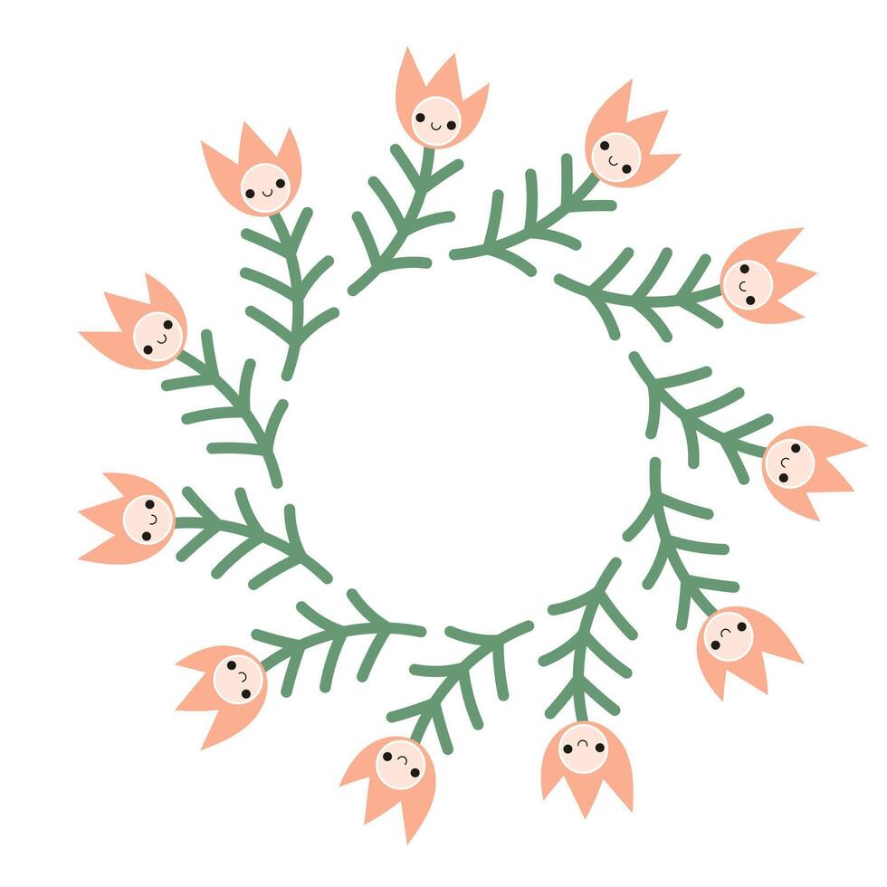 Simple tulip with cute face round frame. Simple flower wreath. vector