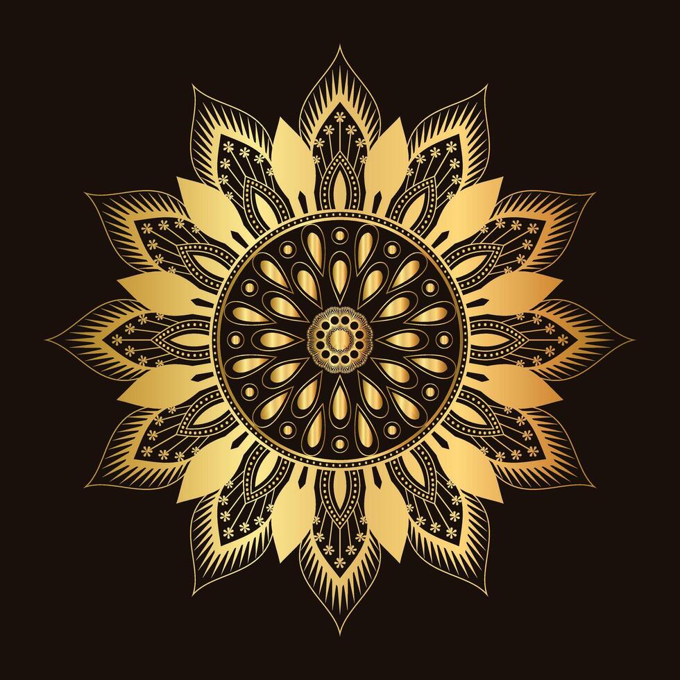 Golden Mandala Design with Ornamental Petals on Black Background vector