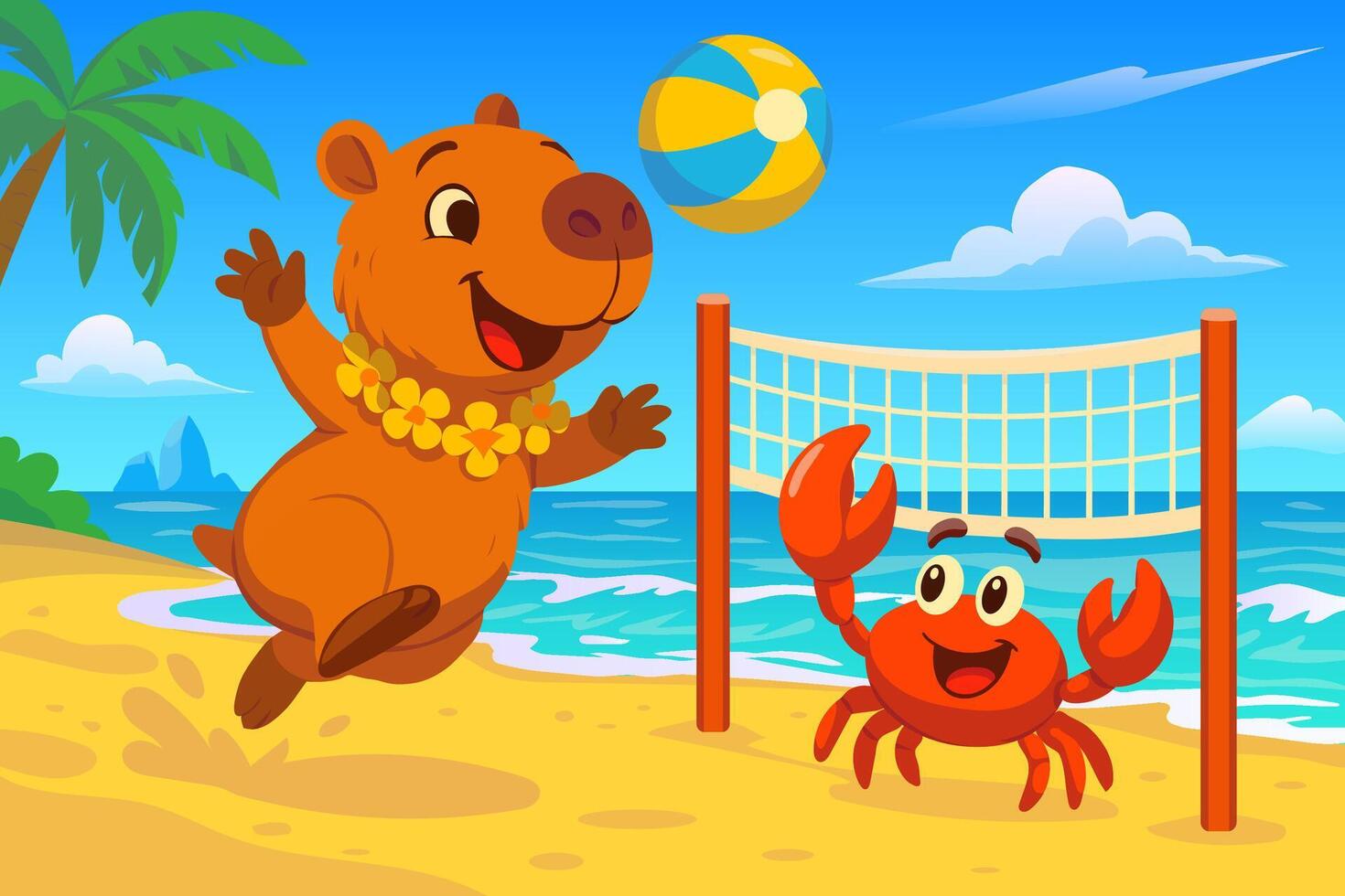 Capybara and Crab Playing Beach Volleyball vector