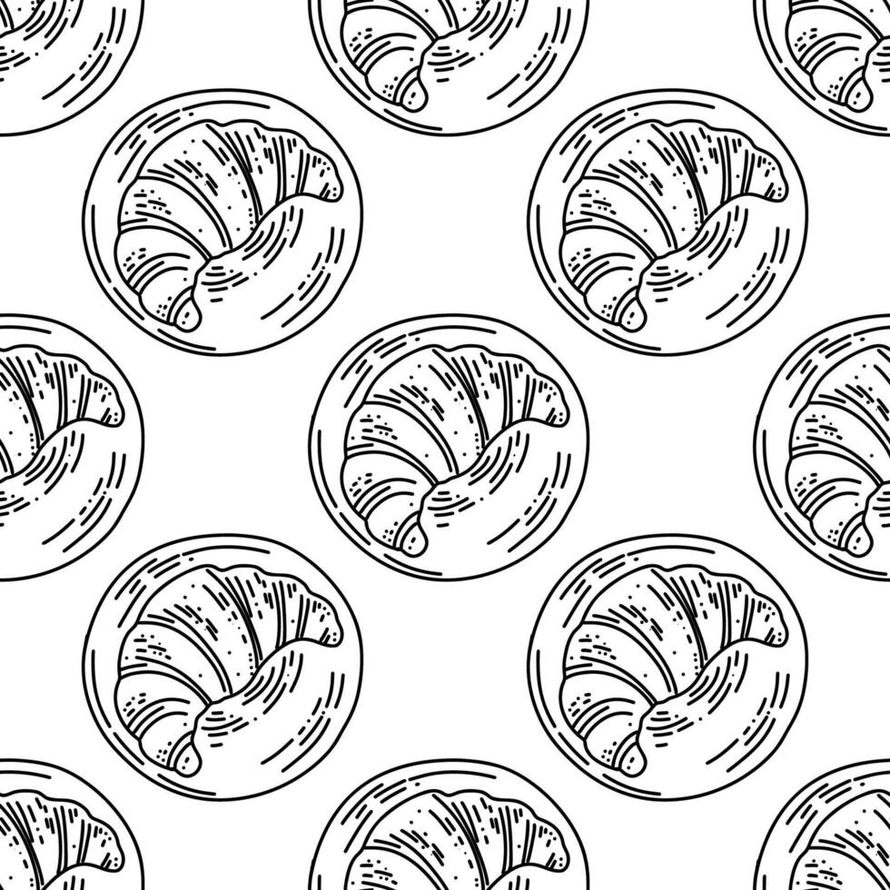 Black and white sketch pattern of coffee elements in sketch style. Drawing smooth lines of hot drinks, cake, croissant for the cafe menu. vector
