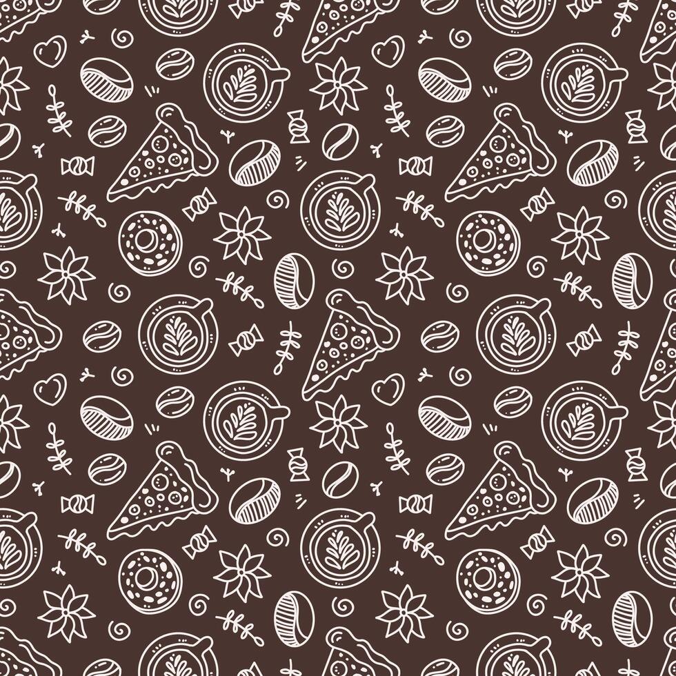 A pattern of breakfast items. Pizza, coffee, beans, sweets, dessert, chocolates. Linear background for menus, coffee shops, web design, bakeries and cafes. vector