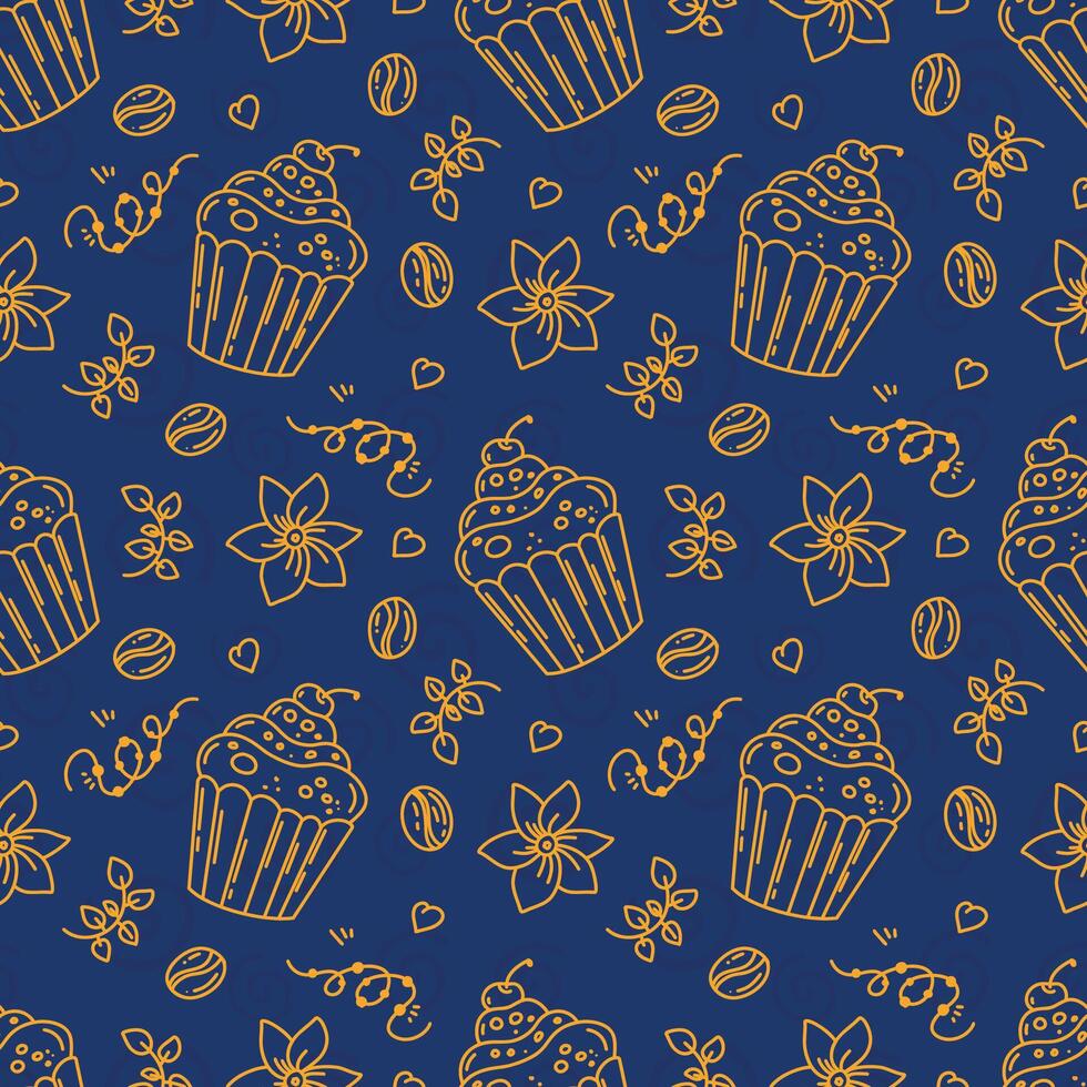Coffee cocktails. Seamless sketch-style pattern. A drawing of sweets and coffee, a background in the form of flat lines of hot drinks. Repeating texture for cafe menus, wrapping paper. vector
