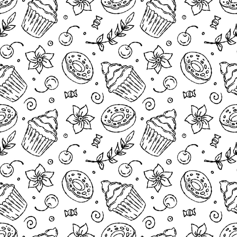 Seamless coffee and breakfast-themed pattern, simple contour icons. Dark outlines of sweets on a white background. vector