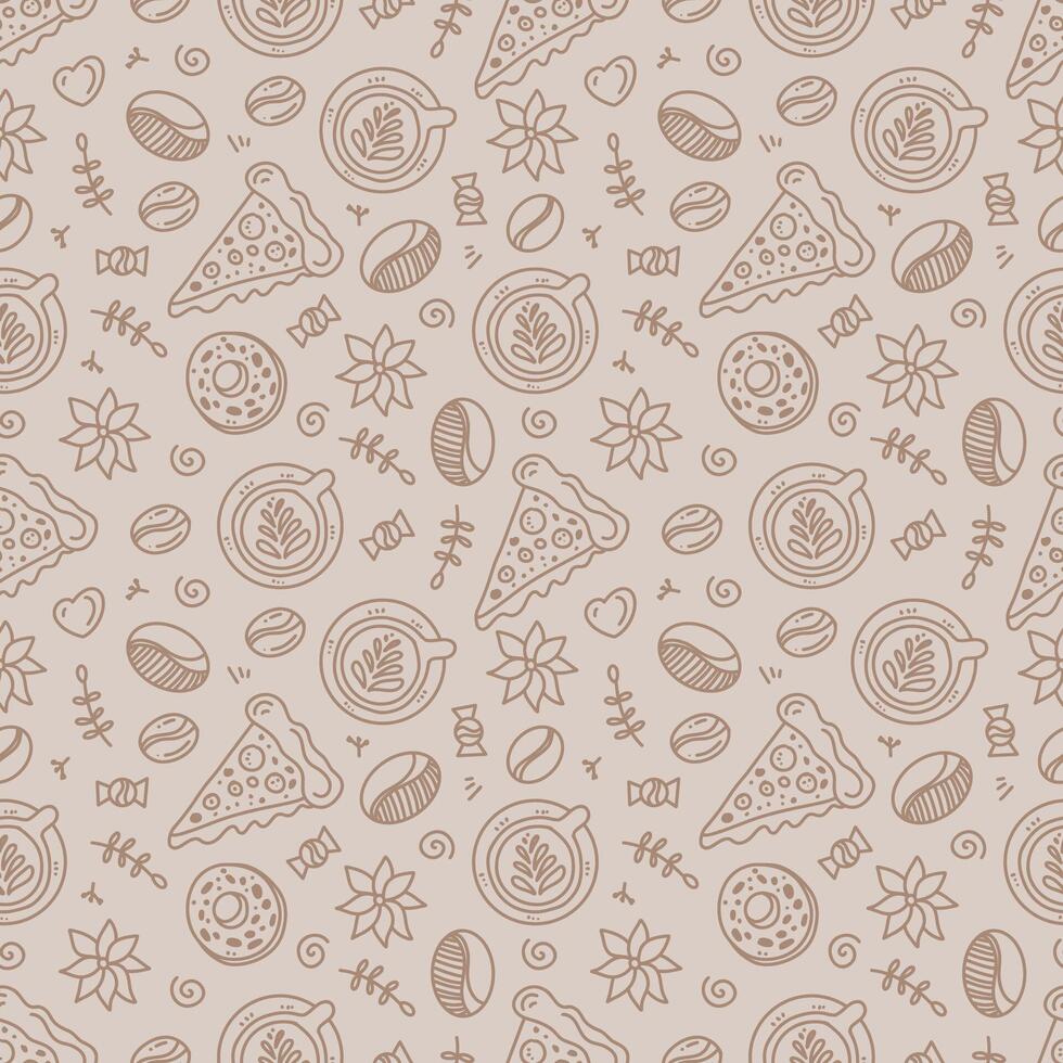A pattern of breakfast items. Pizza, coffee, beans, sweets, dessert, chocolates. Linear background for menus, coffee shops. vector
