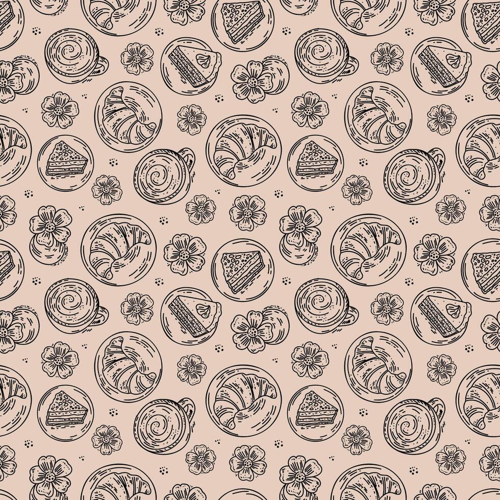 Warm pattern, sketch of coffee elements in the sketch style. Drawing smooth lines of hot drinks, cake, croissant for the cafe menu. vector