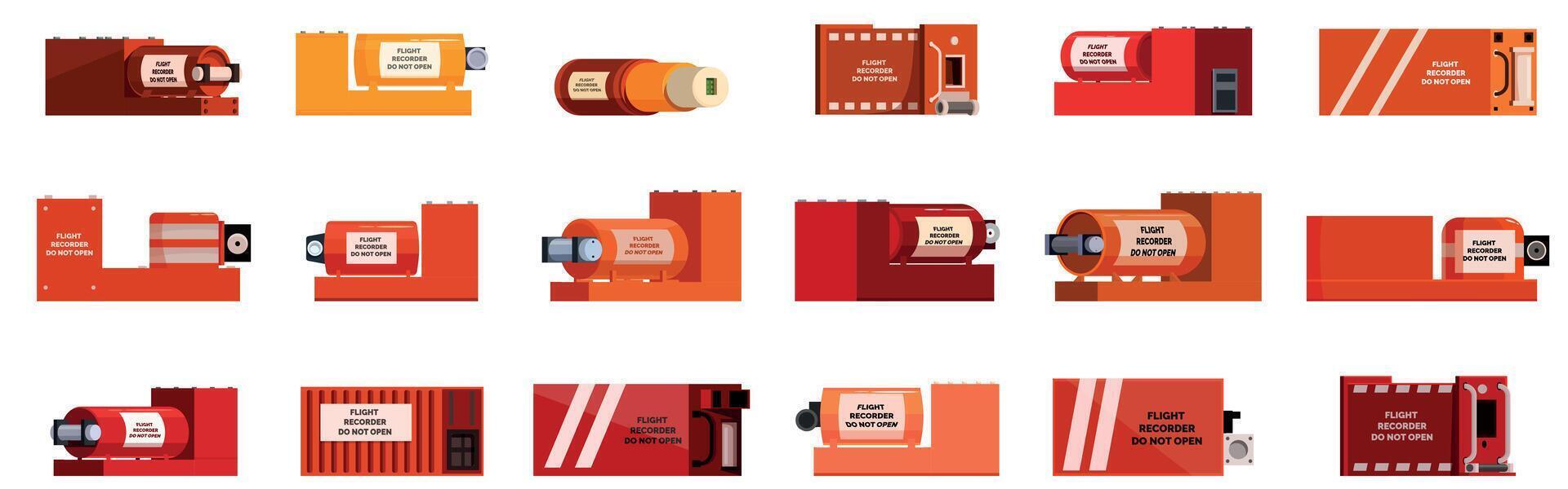 Airplane black box icons set. Set of flight recorders or black boxes showing different shapes and colors vector