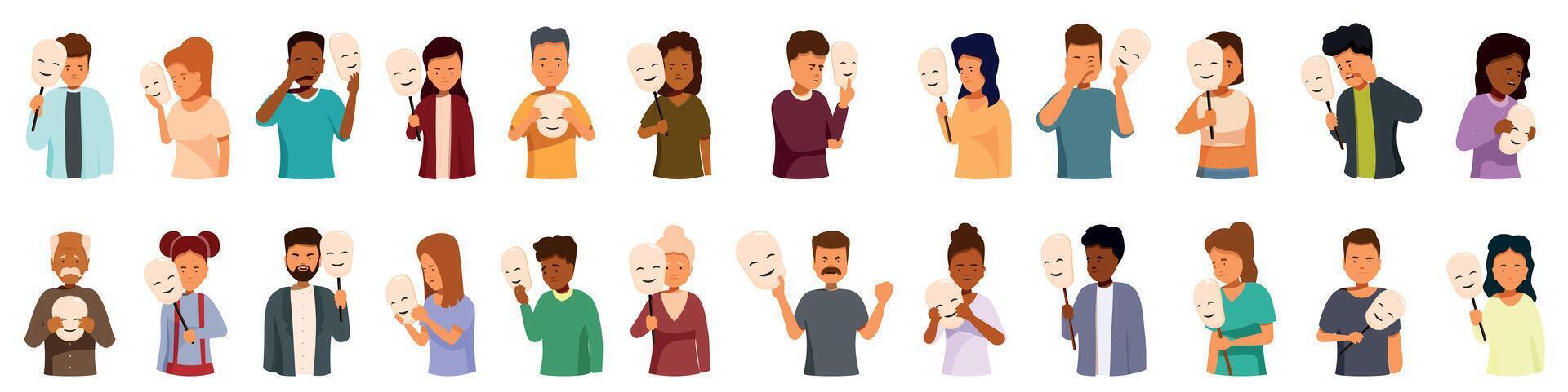 People hiding emotions icons set. People hiding their true feelings behind masks showing happy and sad emotions vector