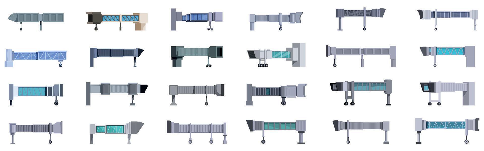 Jet bridge icons set. Set of passenger boarding bridges facilitating convenient access to aircraft vector