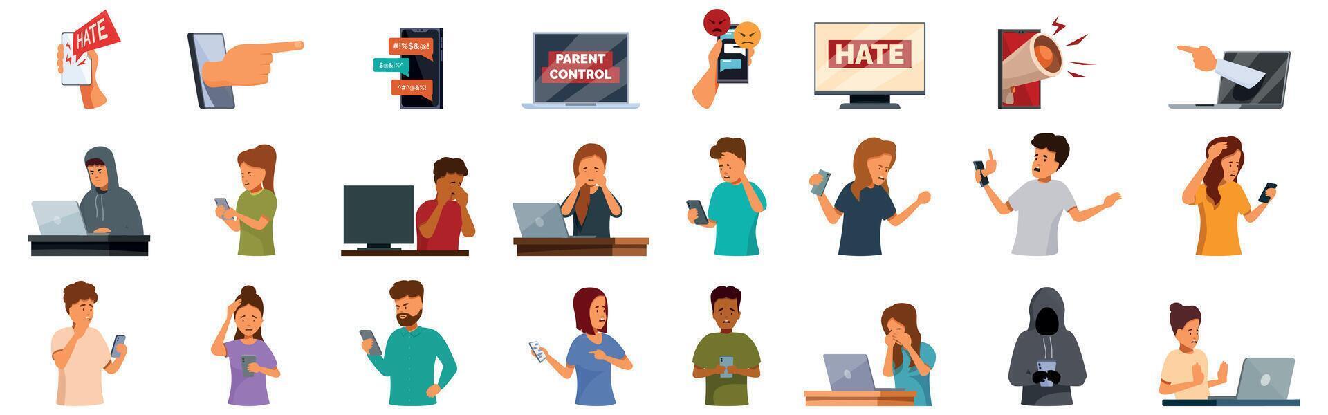 Cyberbullying icons set. Cyberbullying, parental control, and people experiencing online harassment vector