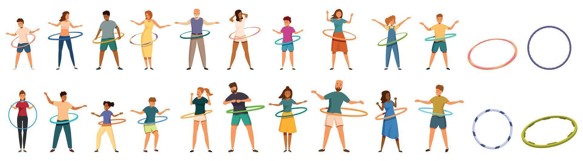 Hula hoop icons set. People rotating hula hoops around waist, fitness exercise, losing weight, having fun vector