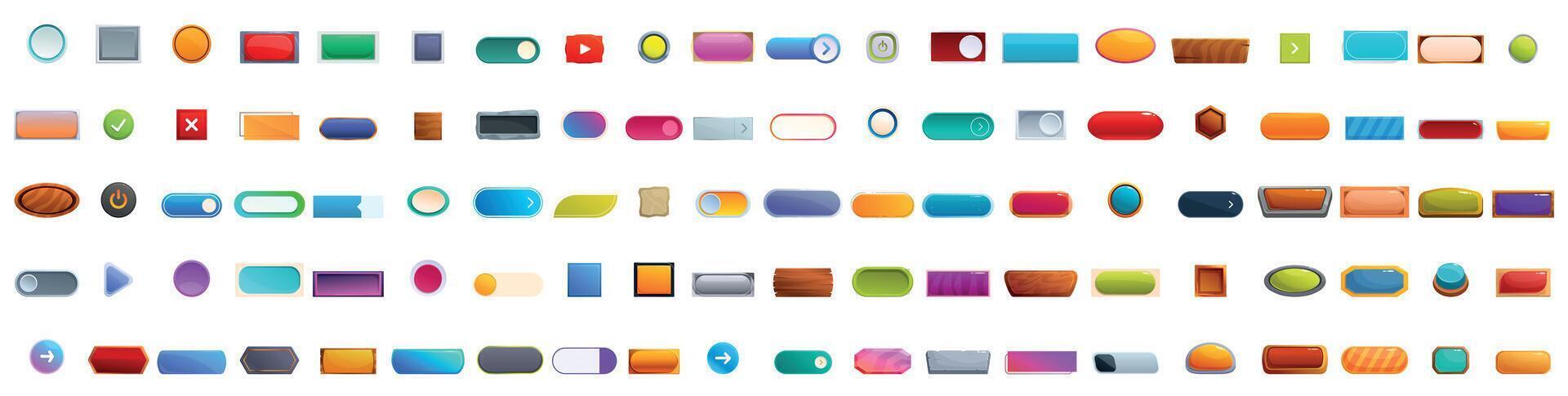 Colorful set of buttons for casual games or apps featuring play, pause, settings, and directional controls vector
