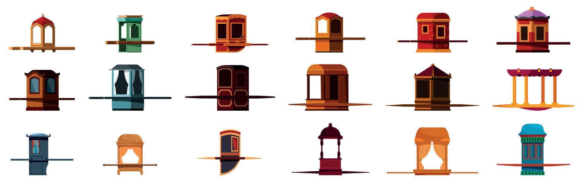 Palanquin icons set. Collection of colorful palanquins representing traditional transportation vector