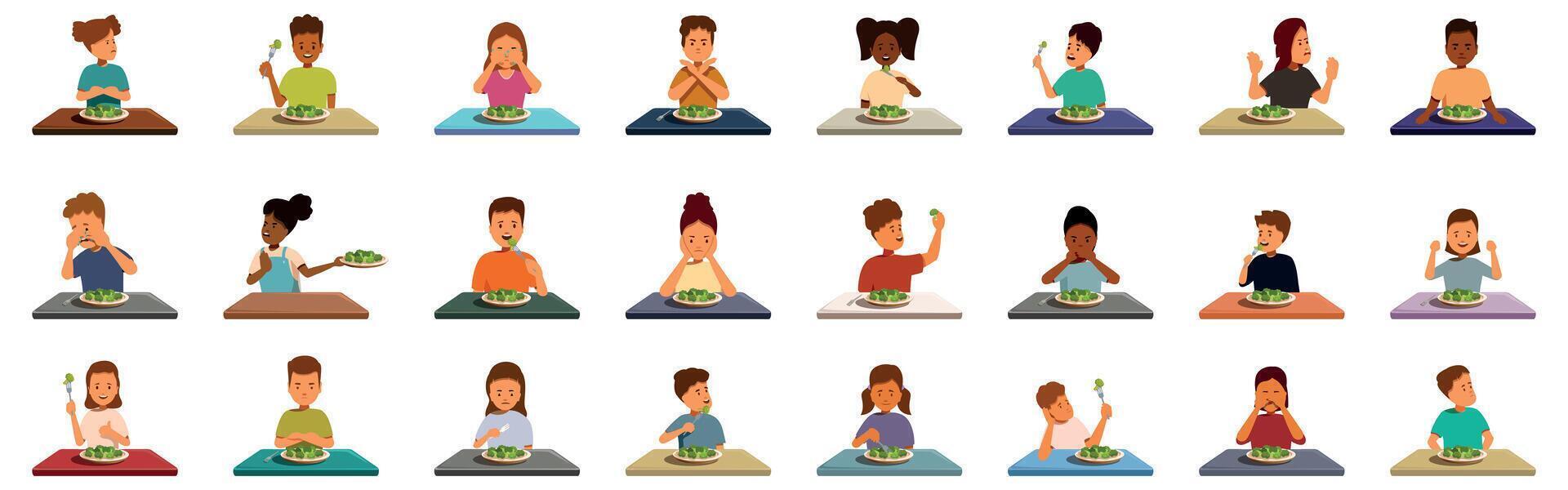 Children eat broccoli icons set. Children eating broccoli, showing different facial expressions while enjoying a healthy meal vector