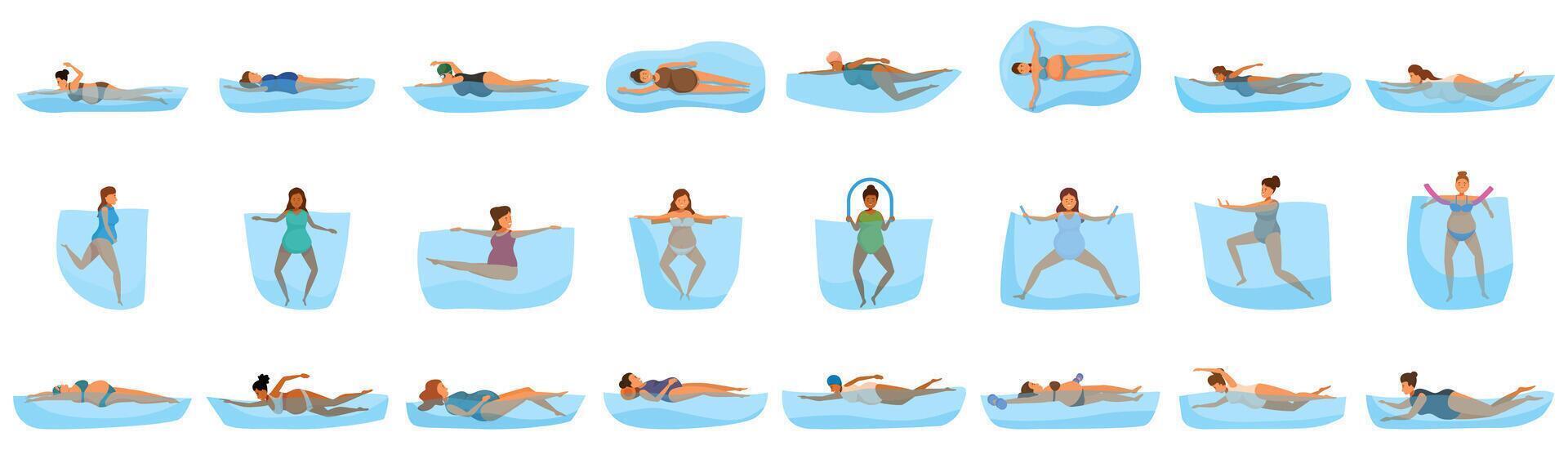 Swimming pregnant icons set. Pregnant women exercising and relaxing in swimming pool, various poses and activities for prenatal aqua fitness vector