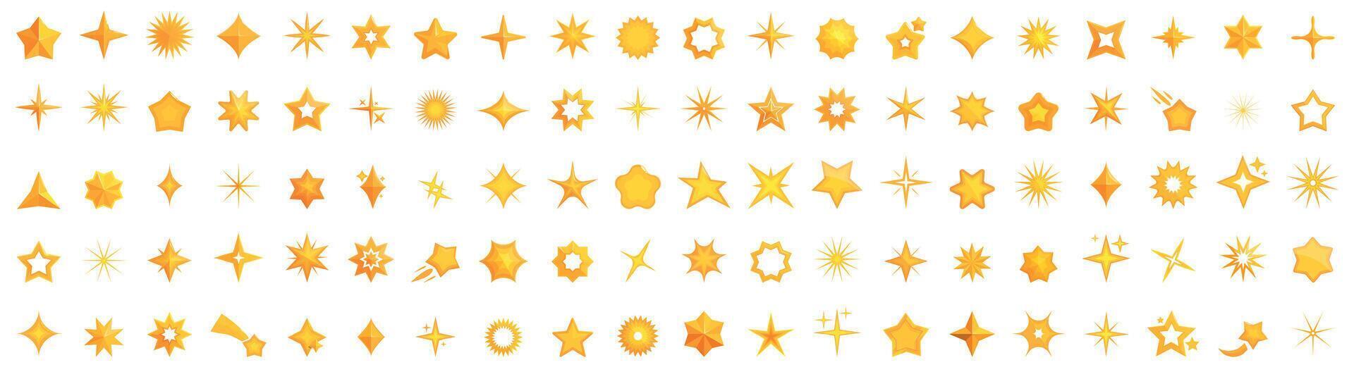 Collection of various golden stars shining brightly on white background vector