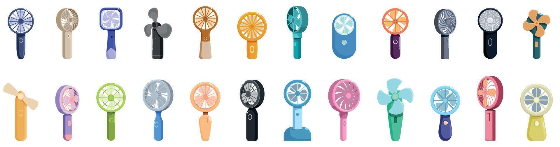 Electric hand fan icons set. Portable fan collection providing refreshing breeze during hot summer days vector