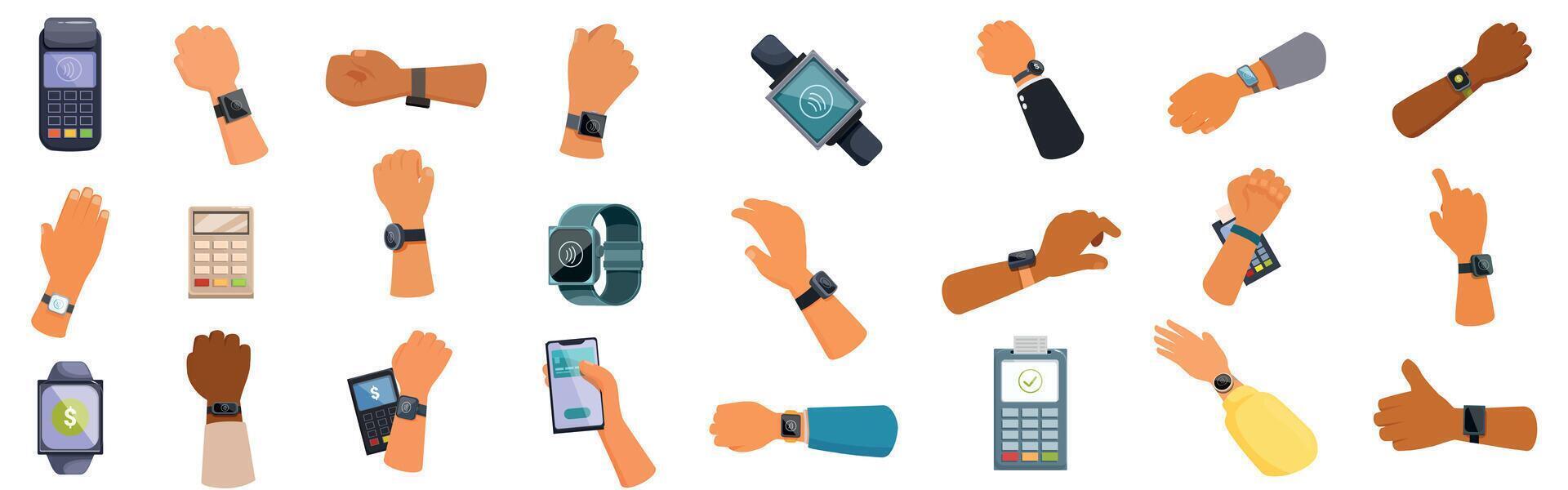 Smartwatch nfc payment icons set. Customers using smartwatches for nfc payments and various gestures vector