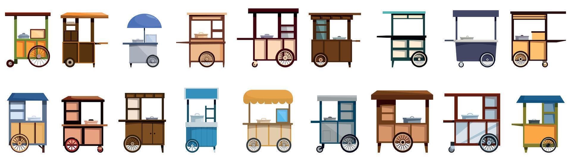 Meatball cart icons set. Collection of colorful street food carts offering diverse culinary experiences vector