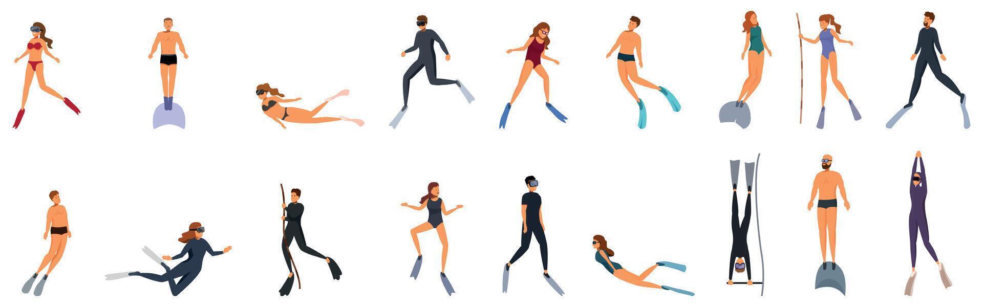 Free diving icons set. Divers wearing diving suits, masks and fins are diving and exploring underwater world vector