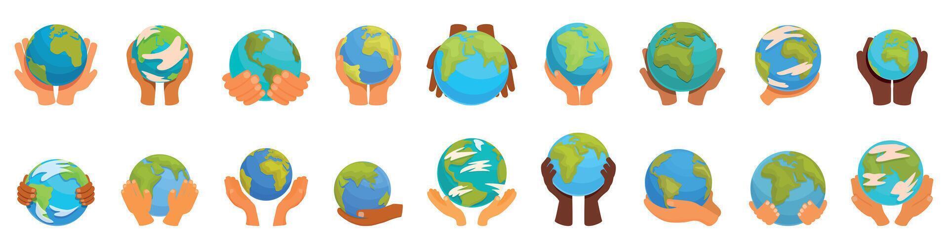Hands holding earth globe icons set. Hands holding earth globe showing environmental protection and conservation vector