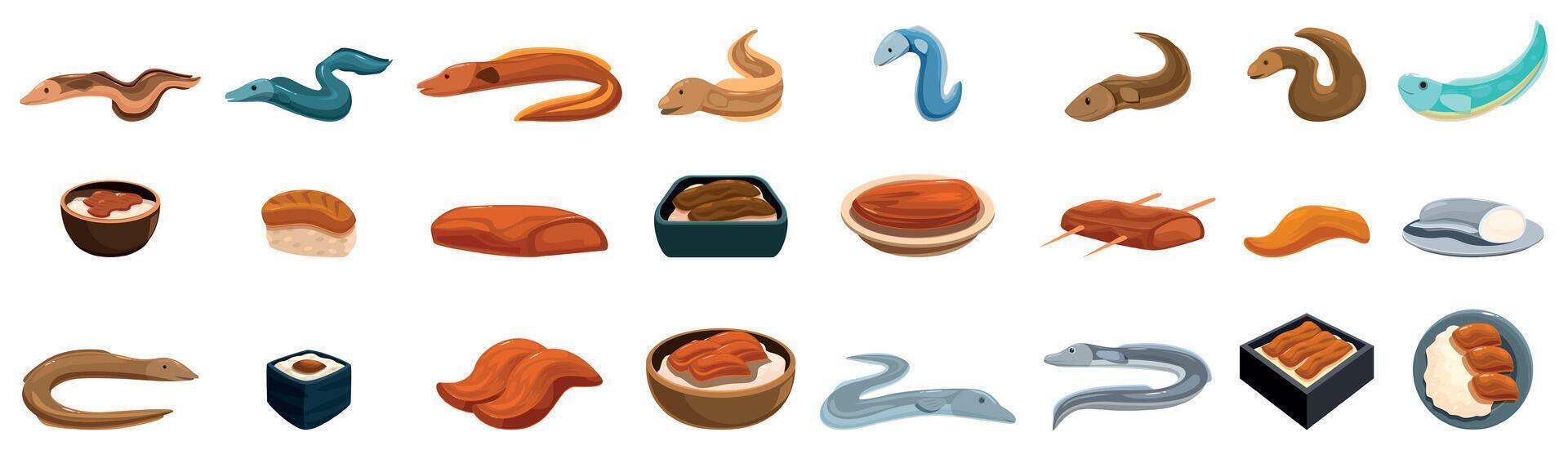 Eel fish icons set. Eel sushi and unagi nigiri set representing japanese cuisine vector