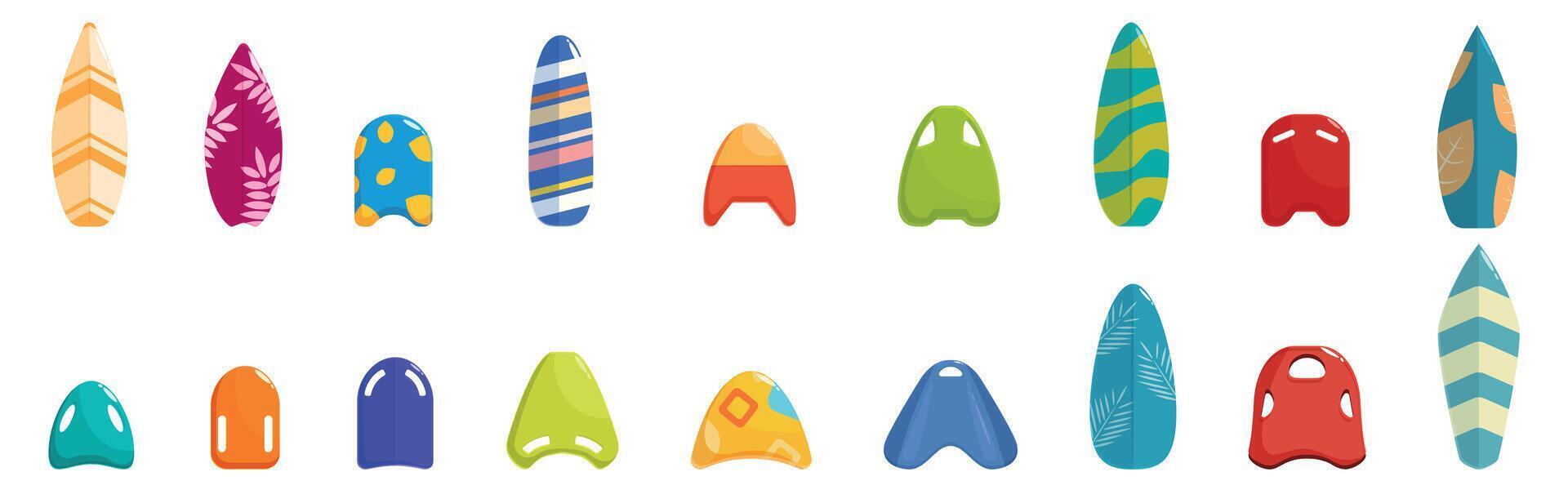 Swimming board icons set. Surfboards and kickboards showing different colors and patterns vector