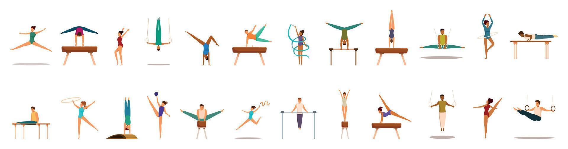Artistic gymnasts icons set. Gymnasts performing various exercises, balancing, jumping, and swinging on equipment vector