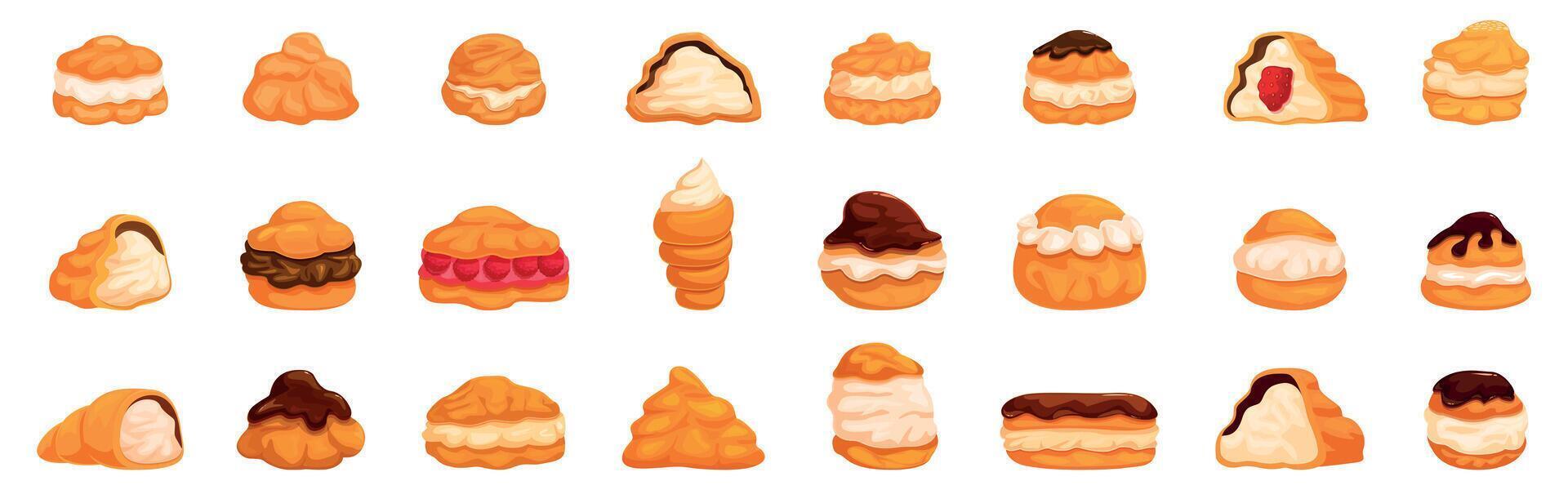 Cream puff icons set. Delightful assortment of cream filled pastry desserts vector