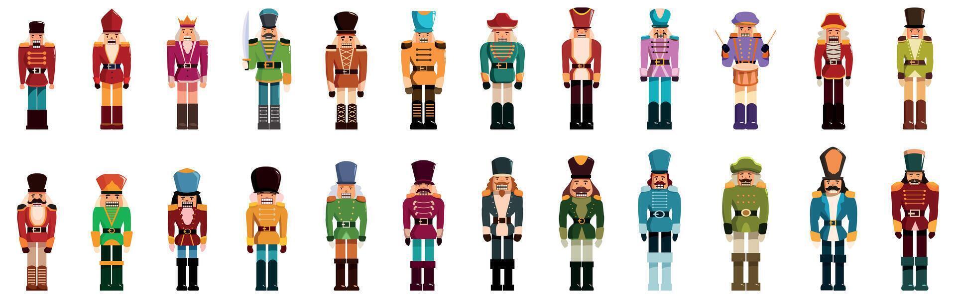 Nutcracker icons set. Colorful christmas nutcrackers wearing festive uniforms standing in formation vector