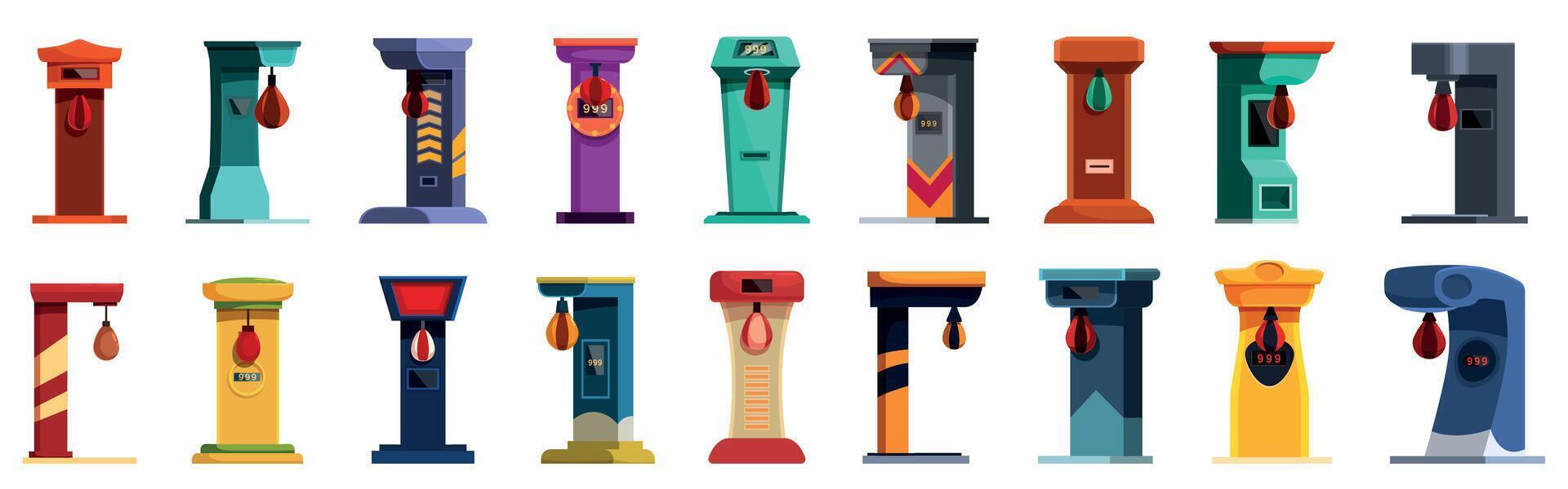 Boxing punch arcade game icons set. Punching bag machines collection, striking power and entertainment in various designs vector