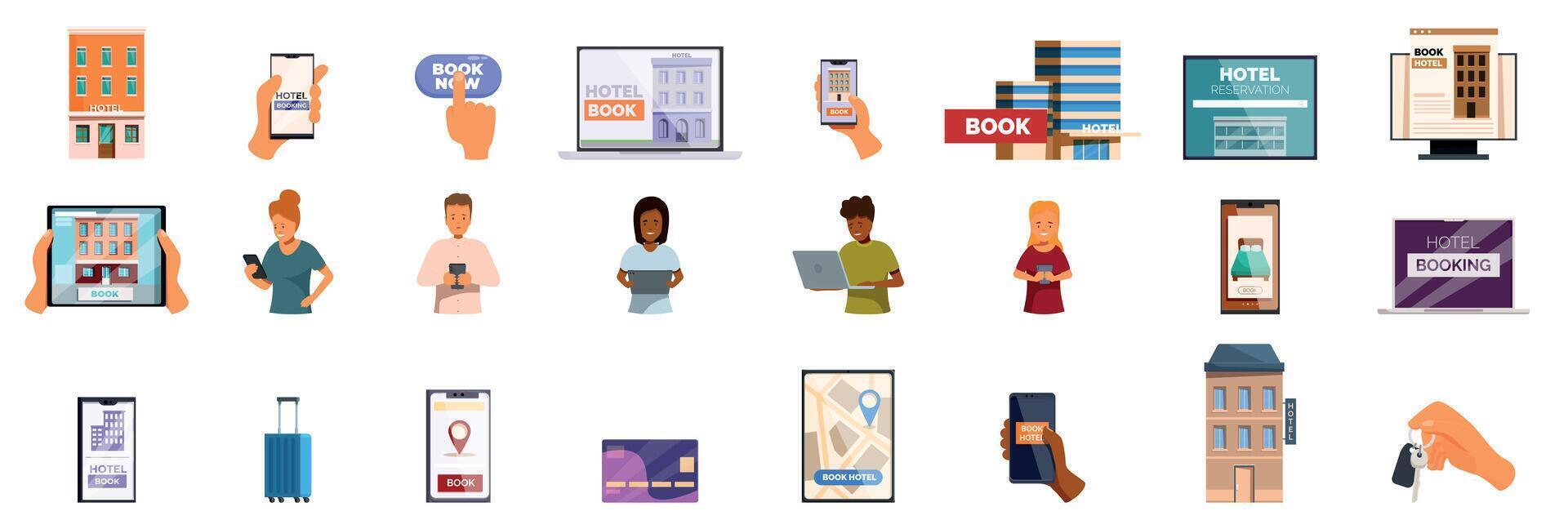 Online hotel booking icons set. Tourists booking hotel rooms using various online services and mobile apps vector