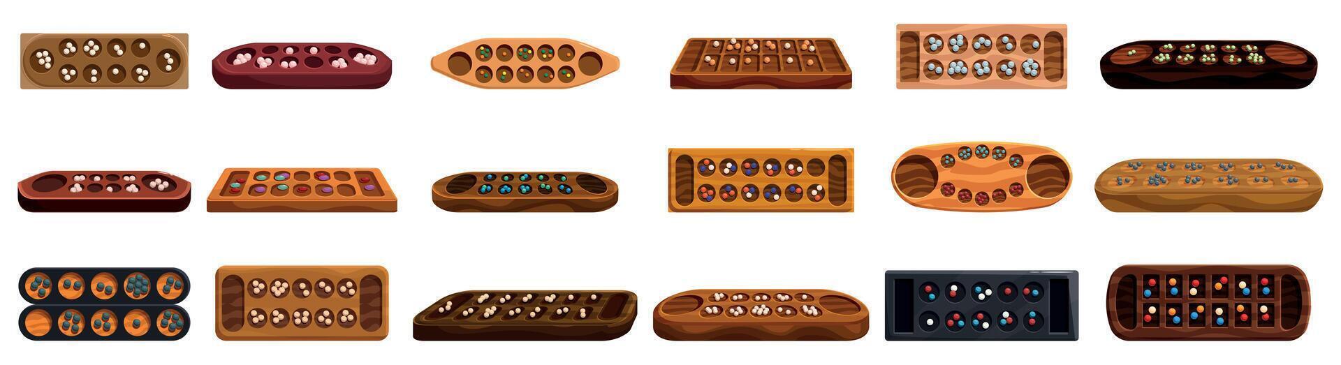Mancala icons set. Mancala board game collection with varying designs and materials vector
