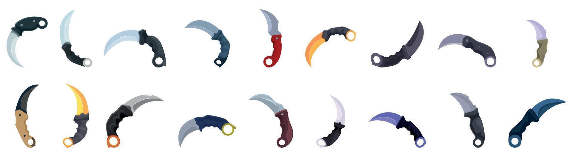 Karambit icons set. Karambit knife collection showing different colors and styles vector
