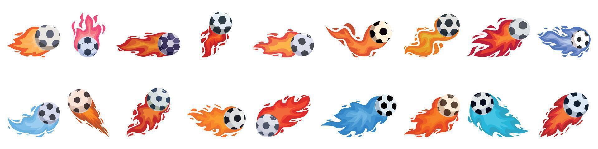 Burning soccer ball icons set. Burning soccer balls with flames, symbolizing speed and power vector