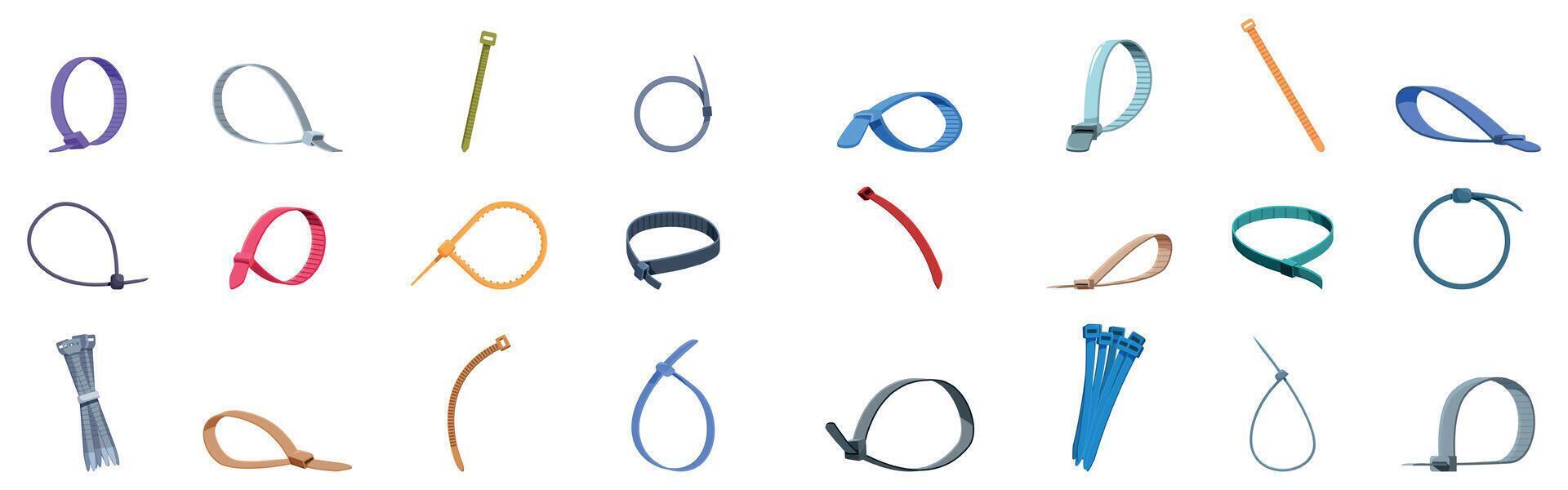 Cable ties icons set. Colorful cable ties in different shapes and configurations securing connections vector