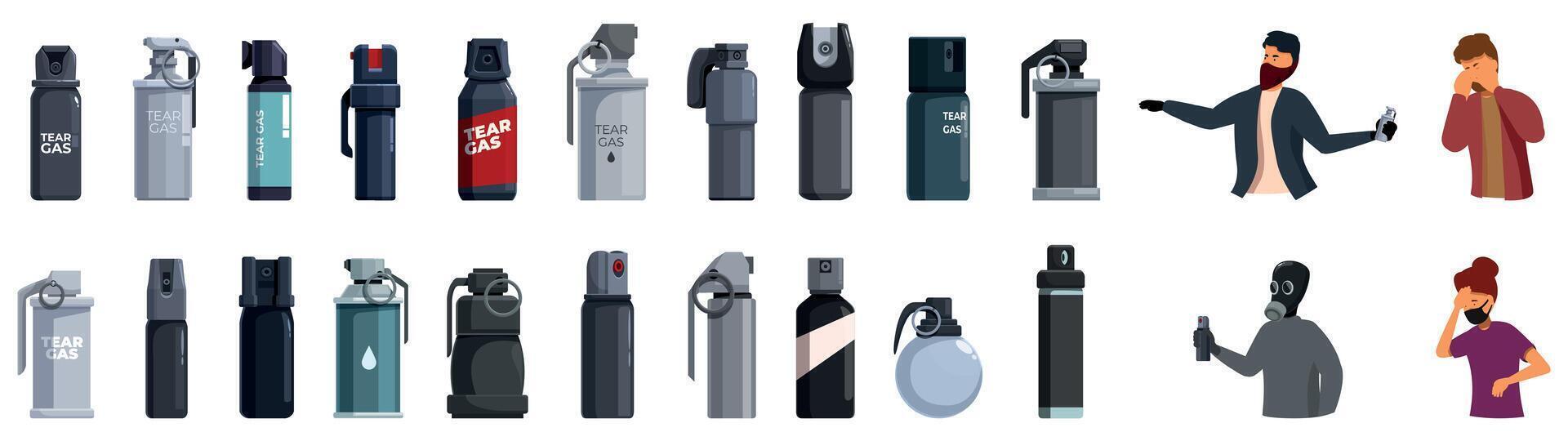 Tear gas icons set. Protesters and police using tear gas and pepper spray for crowd control vector