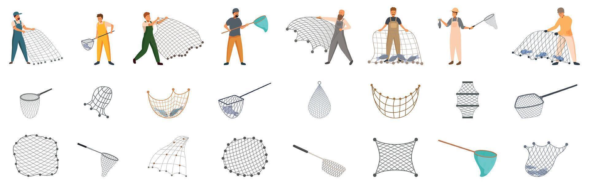 Fishing net icons set. Fishermen holding nets and various fishing net designs for catching fish vector