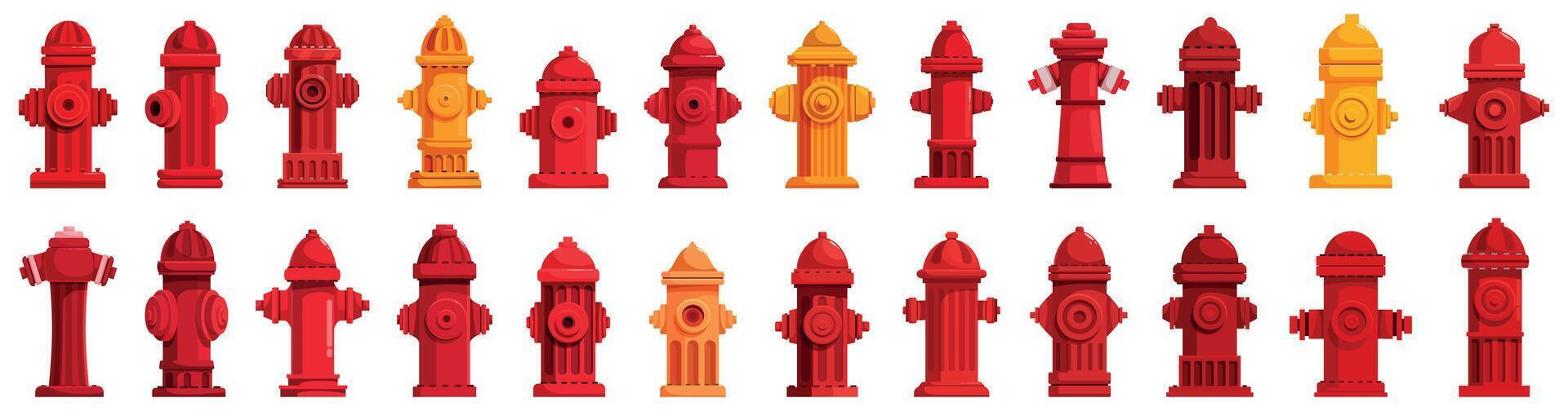 Fire hydrant icons set. Collection of various red and yellow fire hydrants providing essential fire protection vector