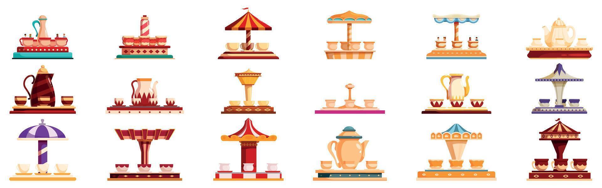 Tea cup carousel icons set. Teacup ride carousel icons showing rotating tea cups and teapots in amusement park vector