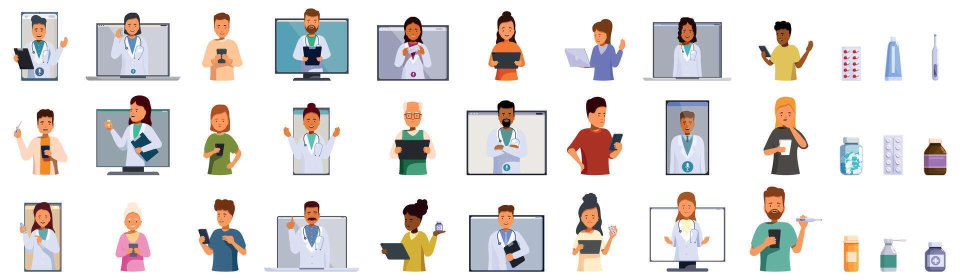 Virtual pharmacy consultations icons set. Diverse group of doctors providing online consultations and patients using telehealth services vector