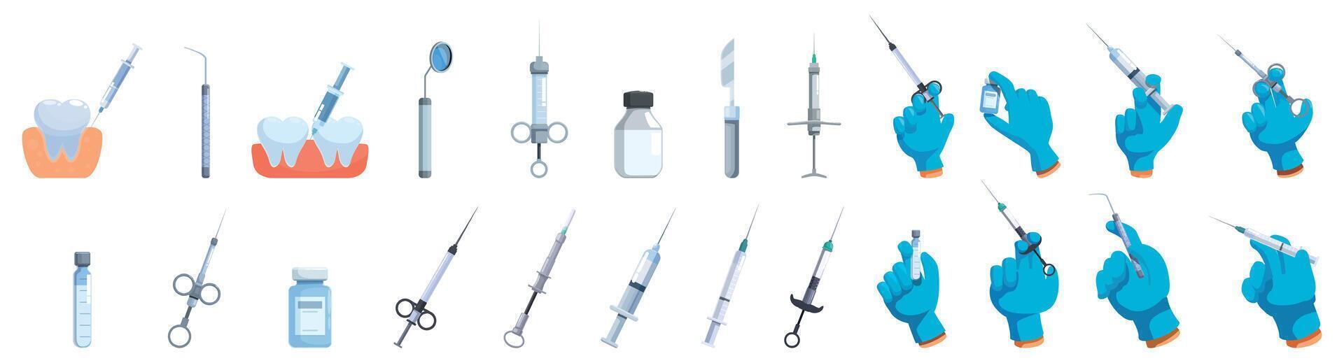 Anesthesia dentistry icons set. Dentist performing tooth anesthesia using various dental instruments and tools vector
