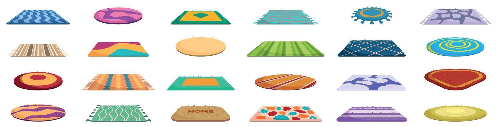 Wool textile mat icons set. Carpets and rugs showing different textures, shapes, colors, and patterns vector